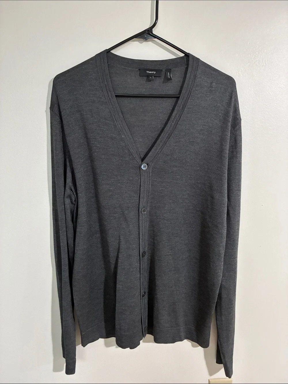 Theory Men’s Large Gray Lightweight V-Neck Button Front Cardigan